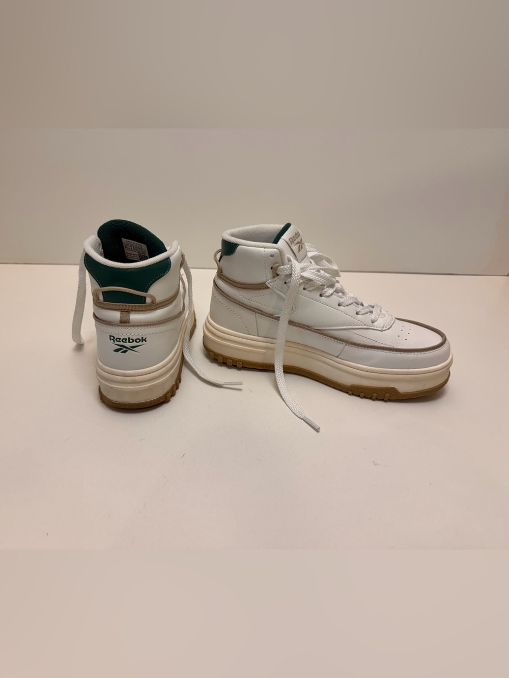 Reebok White High-Top Sneakers with Green Collar and Gum Sole